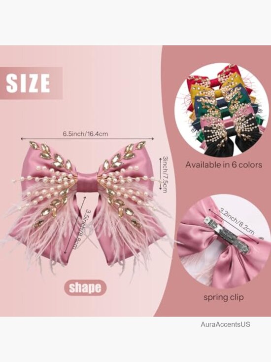 Large Silk Satin Hair Bows Clips with Pearl Crystal Feather for Women